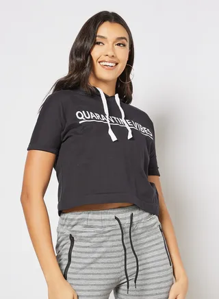 Slogan Printed Drawstring Neck Hoodie Black/White 