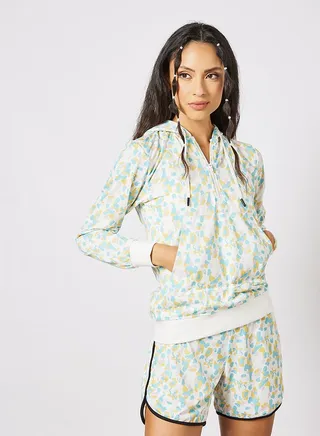 Stylish Long sleeve printed hoodie jacket with rib details at sleeve and hem White/Green/Yellow 