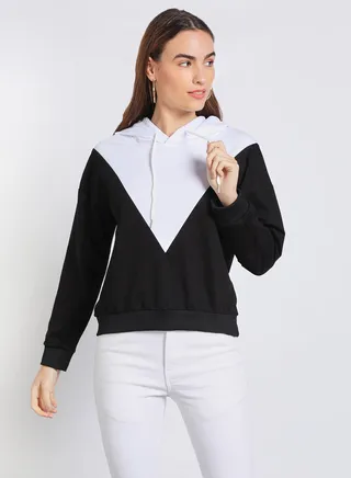 Women Contrast Color Hoodie With String Black/White 