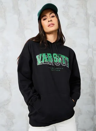 Oversized Longline Slogan Embroidered Hoodie 