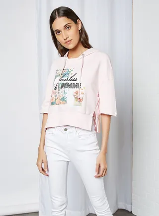 Graphic Print Hooded Top Pink 