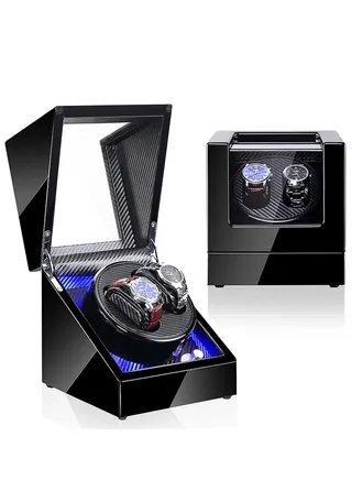 2 Slots Automatic Rotating Winder Watch Display Box with Blue Light 