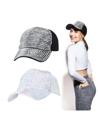 Rhinestone Baseball Cap, Women Bling Hat, Rhinestone Hat, Adjustable Baseball Cap Sequins for Men, Sport Travel Summer Black and White Cap 2 Pcs 