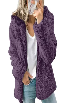 Coats for Women Wool Fur Fluffy Furry Coat Fleece Jackets Hooded Long Sleeve Winter Warmer Plush Fleece Cardigan 