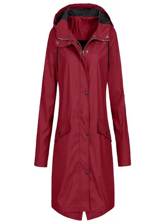Women Solid Stripe Rain Jacket Outdoor Plus Medium And Long Waterproof Hooded Raincoat Windproof 
