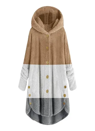 Women Plus Size on Plush Tops Hooded Patchwork Loose Cardigan Wool Coat Winter Jacket 