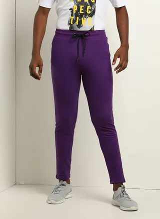 Knitted Rib Drawstring Detail Mid-Rise Skinny Fit Plain Cuff Joggers Purple 