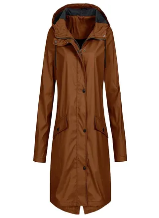 Women Solid Stripe Rain Jacket Outdoor Plus Medium And Long Waterproof Hooded Raincoat Windproof 
