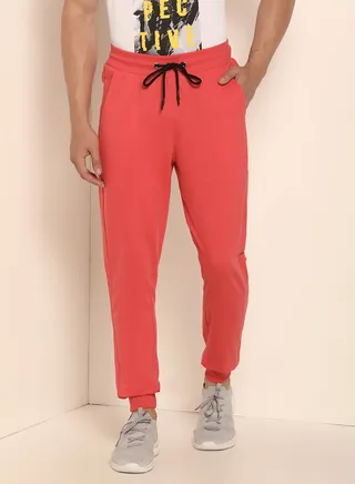 Knitted Drawstring Detail Regular Fit Plain Rib Cuff Joggers Warm Red 