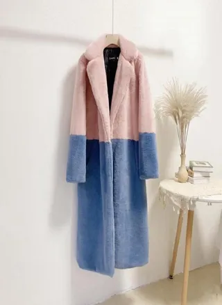 Women Contrast Color Mink Faux Fur Coat Turn Down Collar Winter Fur Lady Long Coat 