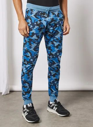 Men's Basic Casual Printed Joggers with Bottom Rib Deep Aegean 