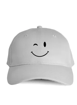 White daily cap with a print of a smile face winks with his eye 