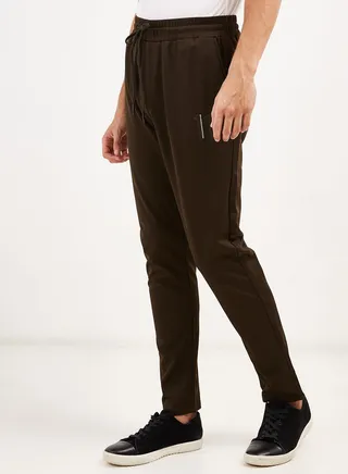 Solid Design Drawstring Pants Dark Brown 
