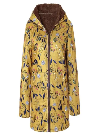 Ladies Long Sleeve Zipper Hooded Thick Composite Plush Vintage Flower Print Plus Size Hooded Jacket 