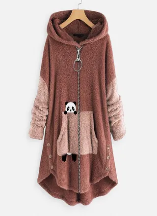 New Printed Oversize Women's Coat Spring and Autumn Mid Length Cute Cartoon Zipper Loose Hooded Top Jacket 