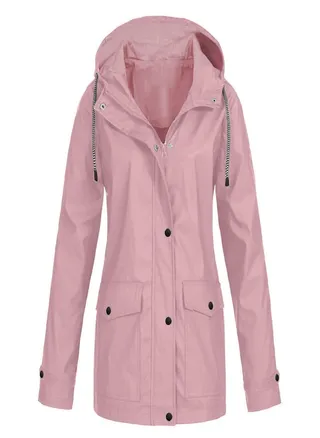 Women Solid Stripe Rain Jacket Outdoor Plus Waterproof Hooded Raincoat Windproof 