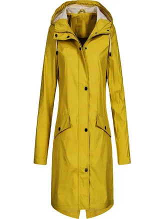 Women Solid Rain Outdoor Plus Size Hooded Raincoat Windproof Long Jacket Coat 