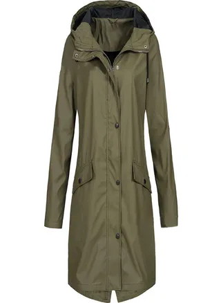 Women Solid Rain Outdoor Plus Size Hooded Raincoat Windproof Long Jacket Coat 