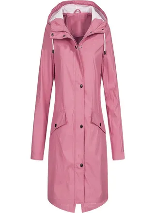 EAR Women Solid Rain Outdoor Plus Size Hooded Raincoat Windproof Long Jacket Coat 
