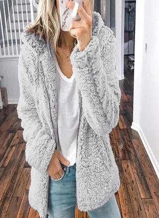 Womens Zip Up Jackets Fleece Fuzzy Hoody Coats Casual Long Sleeve Outerwear Cardigan With Pockets 