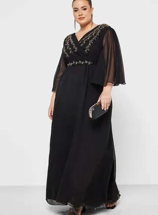 Surplice Neck Embellished Plisse Dress