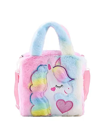 Kids Crossbody Handbags Colorful Unicorn Tote Adjustable Shoulder Strap Bag Plush Large Capacity Cute Unicorn Crossbody Purse Girls Birthday Gift 1-6 Years 
