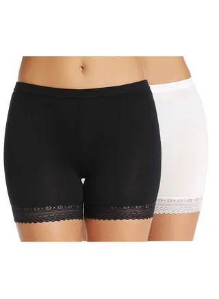 Women's/Girl's Cotton Lycra Shorts with Lace Trim Cycling Shorts/Safety Shorts/Under Skirt Shorts/Night Shorts, Free Size, Black/White (Pack Of 2) 