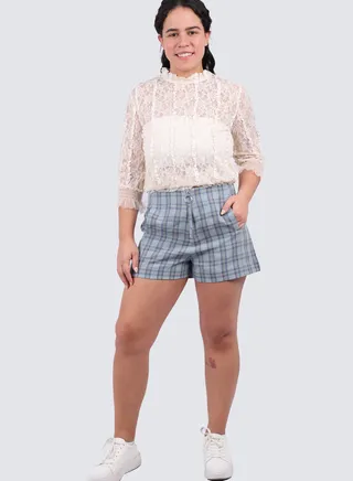Women's Checked Rear Double Pockets Shirt in Mineral Blue 