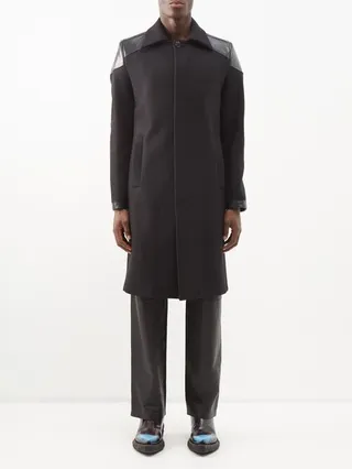 Leather-panelled Wool-blend Coat