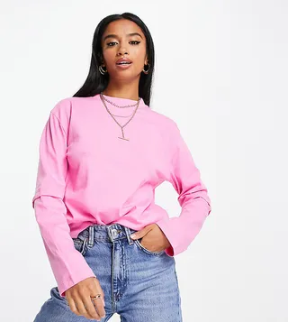 ASOS DESIGN Petite long sleeve double layer oversized T-shirt in pink