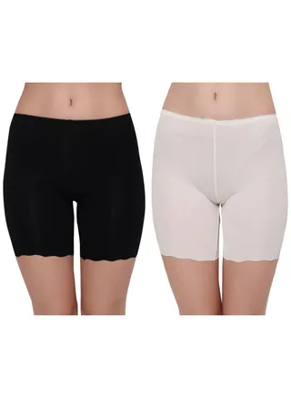 Women's Cotton Seamless Cycling Shorts/Under Skirt Shorts, (Pack Of 2), Black/White 