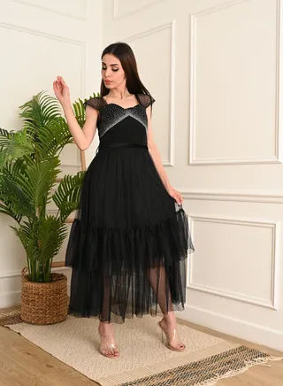 Long Crepe dress decorated with crystals from the chest and layers of tulle from the shoulder and waist,Black 