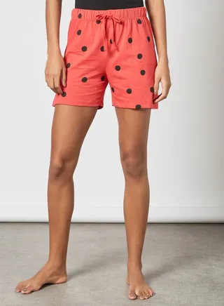 Polka Dot Printed Tie-Waist Shorts Coral/Black 