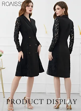 Women's Fashion Lace Patchwork Suit Dress Versatile Double Breasted Waistband Design A-Line Dress Elegant Formal Occasion Professional Dress 