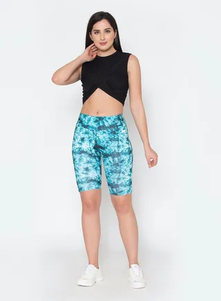 Clovia Comfort-Fit Active Tie & Dye Print Cycling Shorts in Aqua Blue 