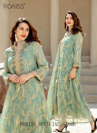 Women Luxury Stand Collar Graphic Printing Robe Maxi Dresses Exclusive Styles Modern Stylish Abaya Middle East Arabic Banquet Wedding Party Dress Women's Festival Clothing 