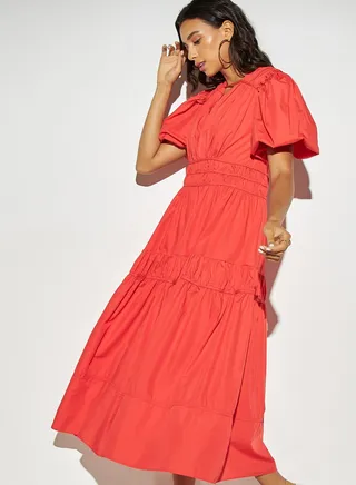 2Xtremz Solid Tiered Dress with Balloon Sleeves and Pleat Detail 