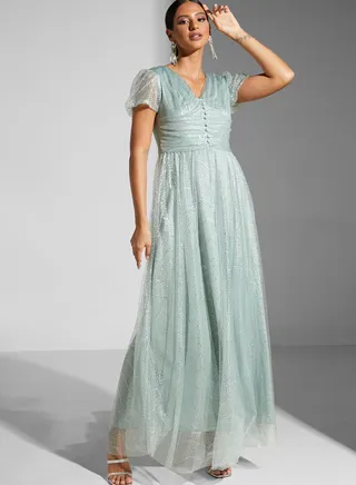 Shiny Puff Shoulder Gown 