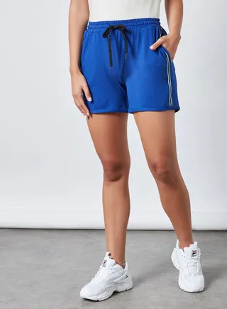 Stripes Pattern Elastic Waistband Drawstring Shorts Blue 