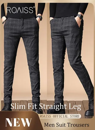 Men Straight Leg Slim Fit Trousers  Elastic Slimming Effect Pilling Free & Colorfast Mid Rise & Tummy Control No Crotch Binding 