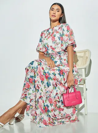2Xtremz All-Over Floral Print Dress with Belt and Balloon Sleeves 