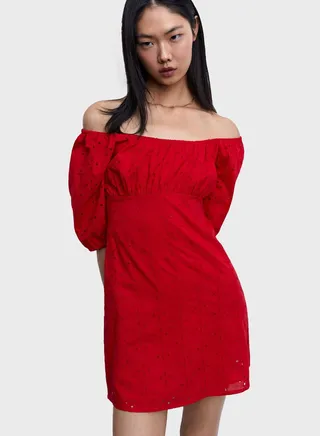 Puff Sleeve Openwork Dress 
