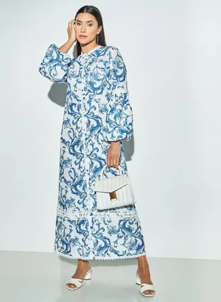2Xtremz All-Over Print Maxi Shirt Dress with Bell Sleeves and Band Collar 