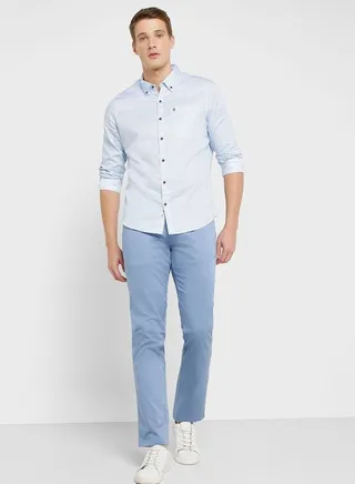 Men Blue Solid Slim Fit Easy Wash Sustainable Chinos Trousers