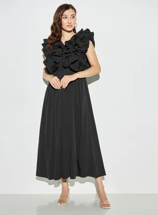2Xtremz Solid A-line Dress with Ruffles and Button Detail 