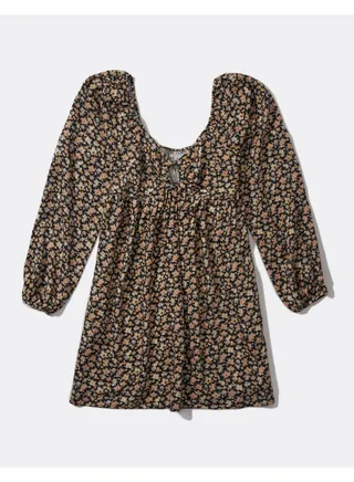 AE Floral Long-Sleeve Ring-Front Mini Dress 