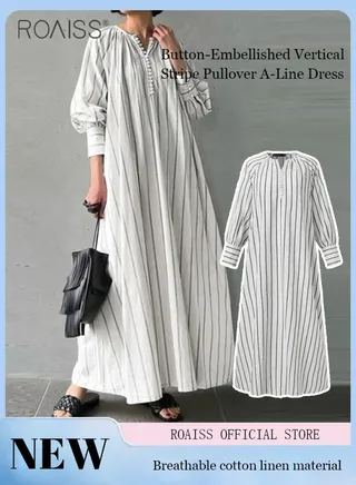 Womens Cotton And Linen Shirt Dress Casual Loose Blouse Dress Solid Color Maxi Dresses Button Open And Close Dress 
