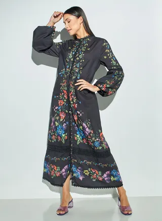 2Xtremz Floral Print Dress with Mandarin Neck and Bell Sleeves 