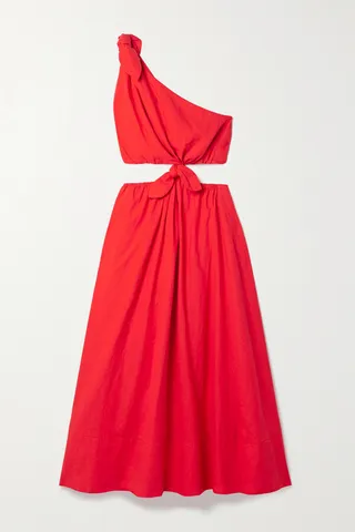 Farm Rio - One-shoulder Cutout Linen-blend Midi Dress - Red