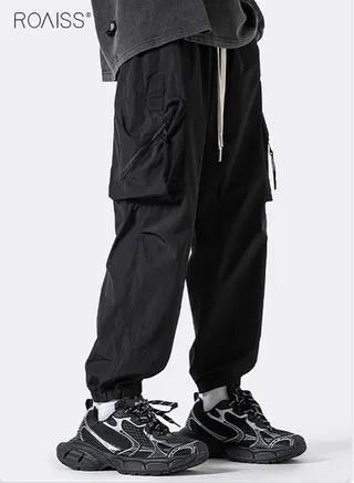 Men's Loose Casual Cargo Pants Fashionable Versatile Multi Pocket Ankle Tightening Pants Elastic Waist Drawstring Buckle Sports Pants 